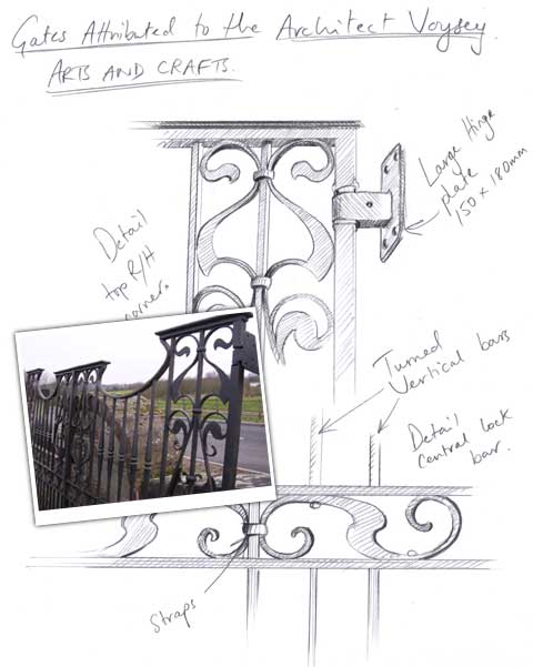 Drawing and photo of Voysey Gates detail