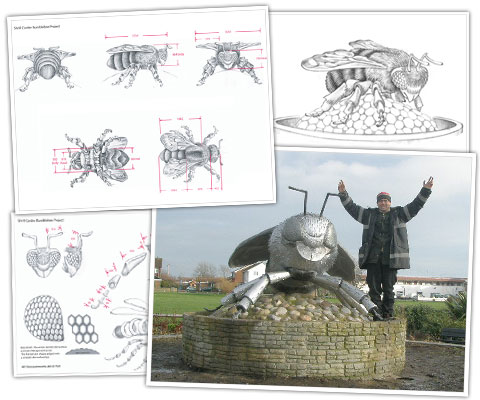 Peter Weldon with the bee steel sculpture and a selection of his designs with measurements.